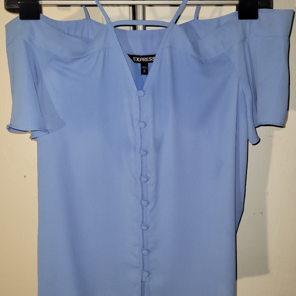 NEW Express Medium Pale Blue Button-up Blouse w/ Off-the-Shoulder Drape Sleeves - Picture 3 of 11